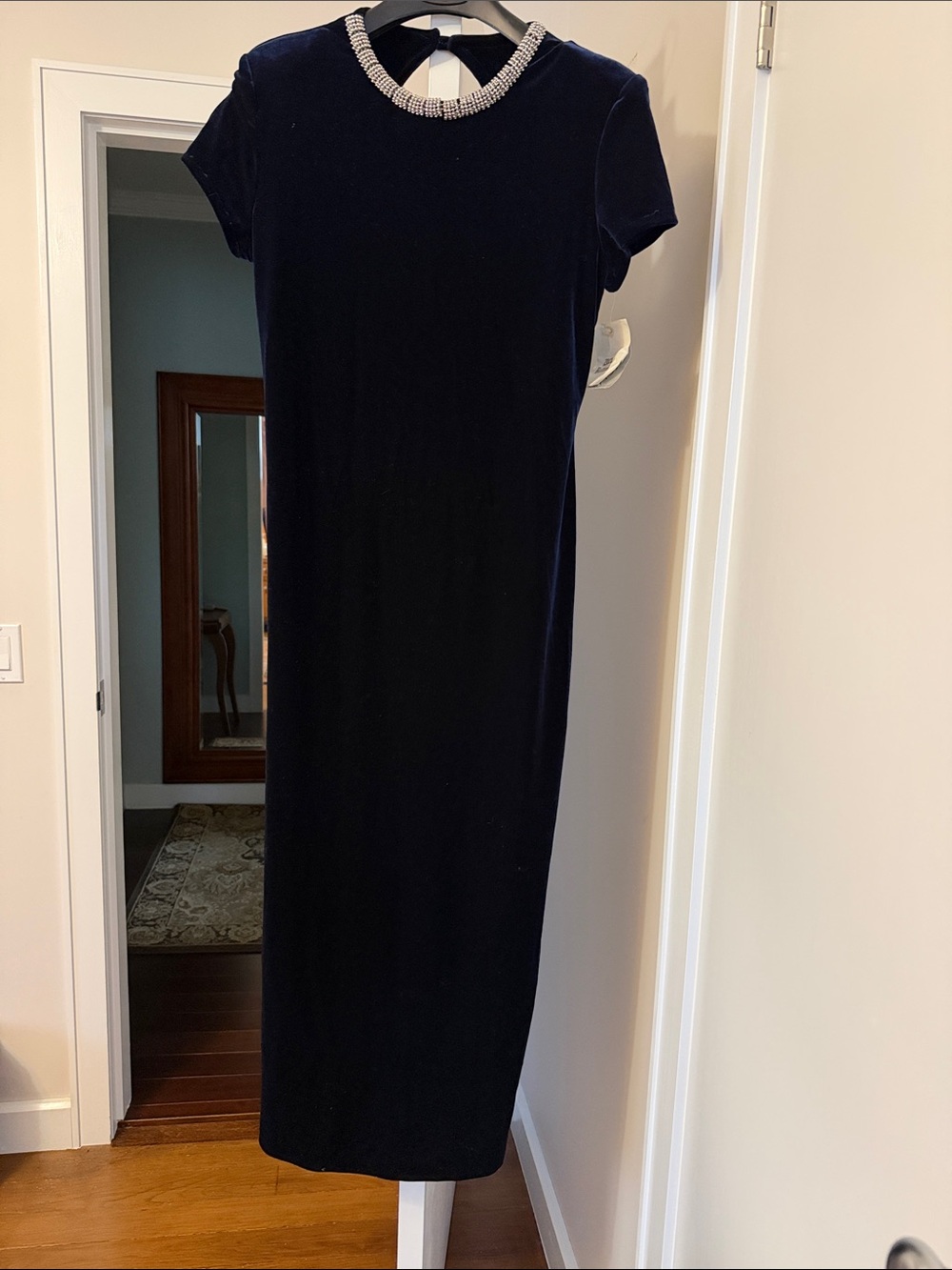 Patra  Navy Velvet Embellished Neckline Short Sleeve long dress formal size 14